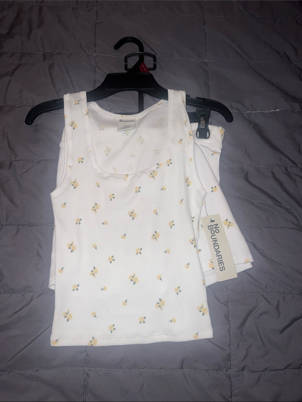 No Boundaries White Ribbed Tank with Small Yellow Floral Print